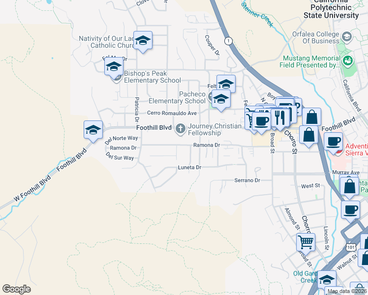 map of restaurants, bars, coffee shops, grocery stores, and more near 351 Ramona Drive in San Luis Obispo