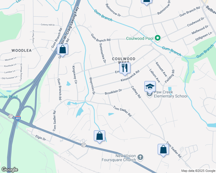 map of restaurants, bars, coffee shops, grocery stores, and more near 455 Kimmswick Road in Charlotte