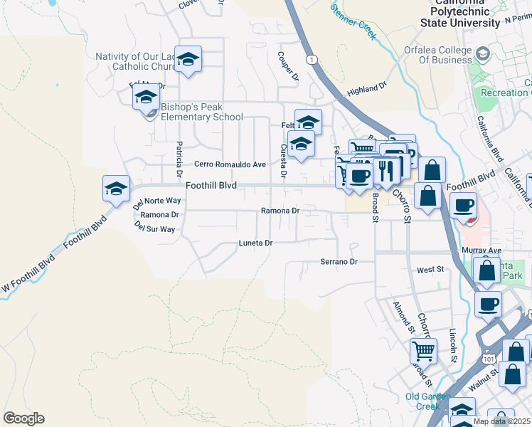 map of restaurants, bars, coffee shops, grocery stores, and more near 31 South Tassajara Drive in San Luis Obispo