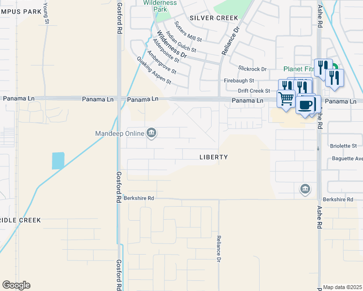 map of restaurants, bars, coffee shops, grocery stores, and more near 7600 Emerald Green Avenue in Bakersfield