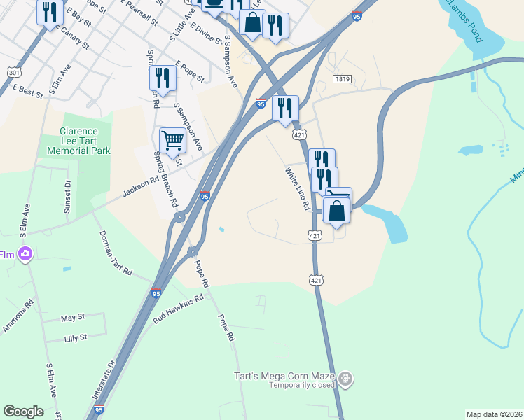 map of restaurants, bars, coffee shops, grocery stores, and more near 212 Winterlochen Drive in Dunn