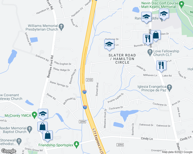 map of restaurants, bars, coffee shops, grocery stores, and more near 2321 Sunset Boulevard in Charlotte