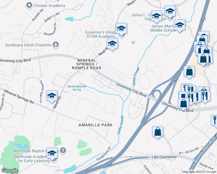 map of restaurants, bars, coffee shops, grocery stores, and more near 6749 University City Boulevard in Charlotte