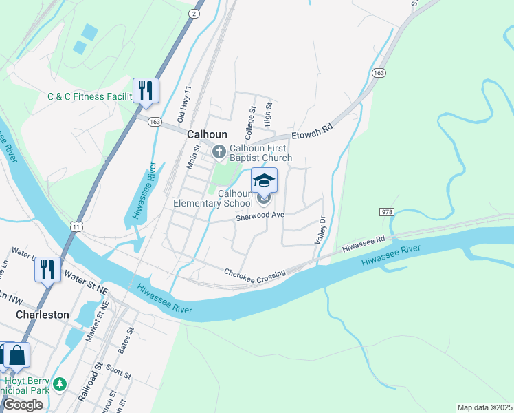 map of restaurants, bars, coffee shops, grocery stores, and more near 150 Sherwood Avenue in Calhoun