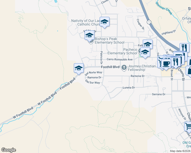 map of restaurants, bars, coffee shops, grocery stores, and more near 182 Del Norte Way in San Luis Obispo