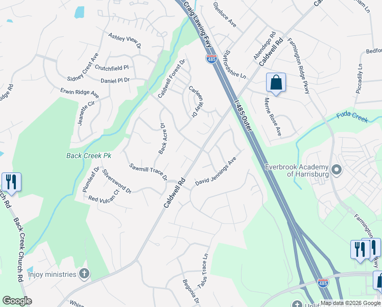map of restaurants, bars, coffee shops, grocery stores, and more near 4018 Caldwell Ridge Parkway in Charlotte