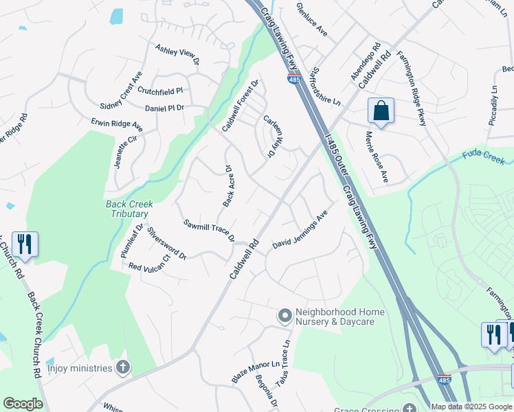 map of restaurants, bars, coffee shops, grocery stores, and more near 4018 Caldwell Ridge Parkway in Charlotte