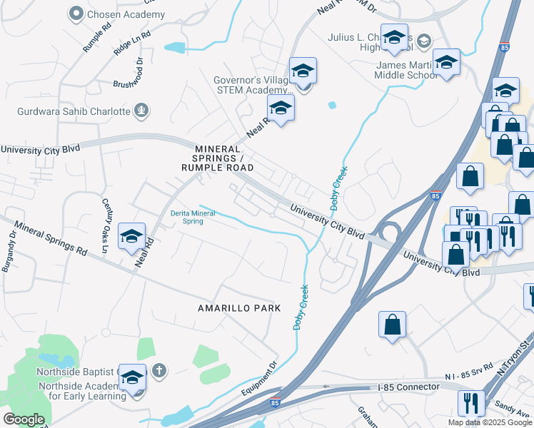 map of restaurants, bars, coffee shops, grocery stores, and more near 6749 University City Boulevard in Charlotte