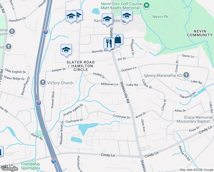 map of restaurants, bars, coffee shops, grocery stores, and more near 5120 Milhaven Lane in Charlotte