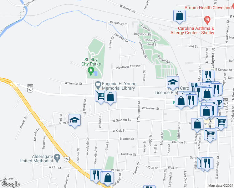 map of restaurants, bars, coffee shops, grocery stores, and more near 803 West Sumter Street in Shelby