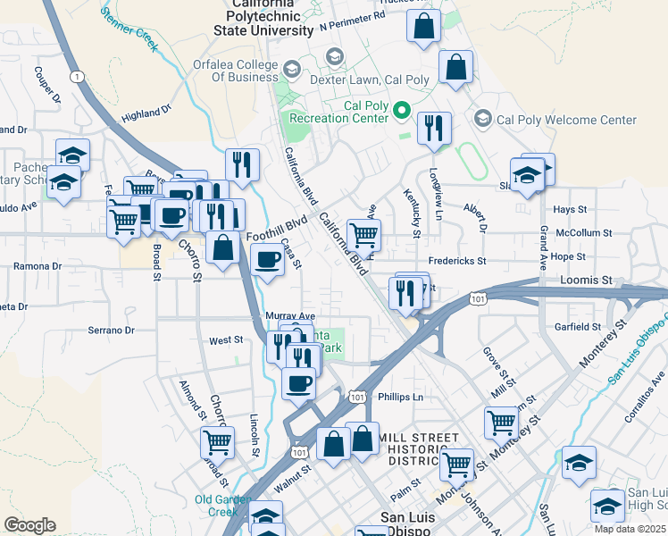 map of restaurants, bars, coffee shops, grocery stores, and more near 75 Stenner Street in San Luis Obispo