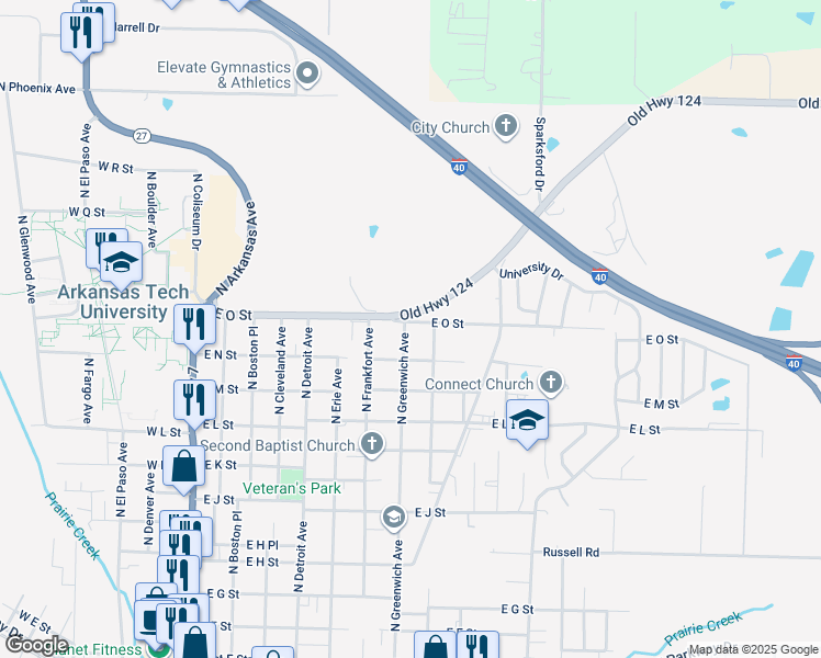 map of restaurants, bars, coffee shops, grocery stores, and more near 1420 North Greenwich Avenue in Russellville