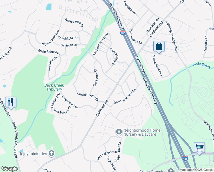 map of restaurants, bars, coffee shops, grocery stores, and more near 4018 Caldwell Ridge Parkway in Charlotte