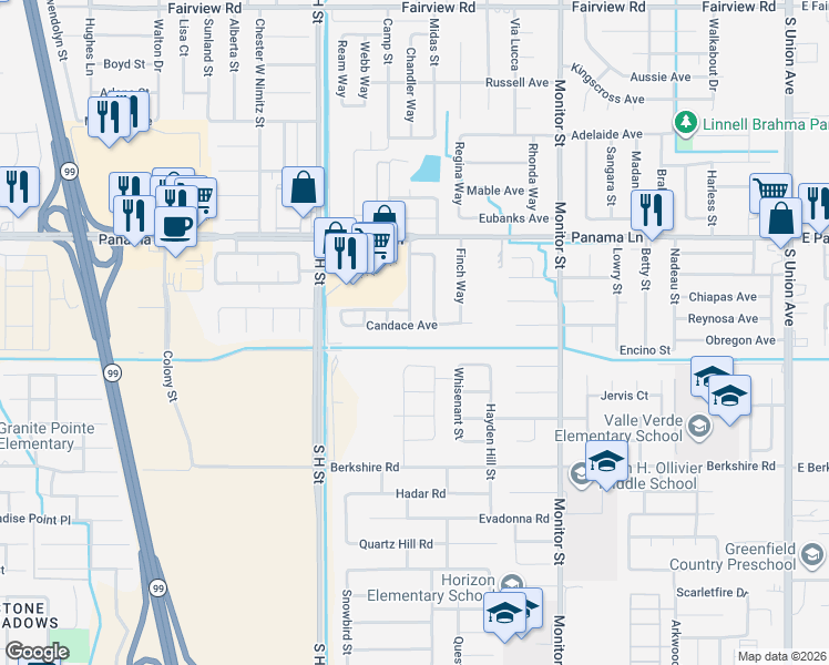 map of restaurants, bars, coffee shops, grocery stores, and more near 1317 Candace Avenue in Bakersfield