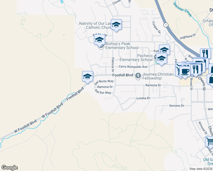 map of restaurants, bars, coffee shops, grocery stores, and more near 182 Del Norte Way in San Luis Obispo