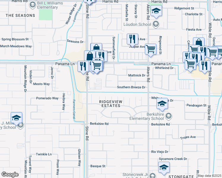 map of restaurants, bars, coffee shops, grocery stores, and more near 4521 Southern Breeze Drive in Bakersfield
