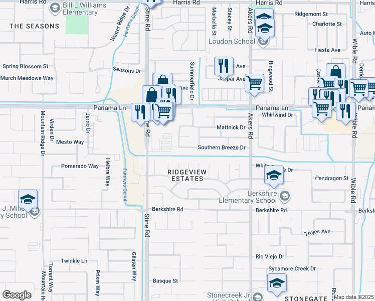 map of restaurants, bars, coffee shops, grocery stores, and more near 4521 Southern Breeze Drive in Bakersfield
