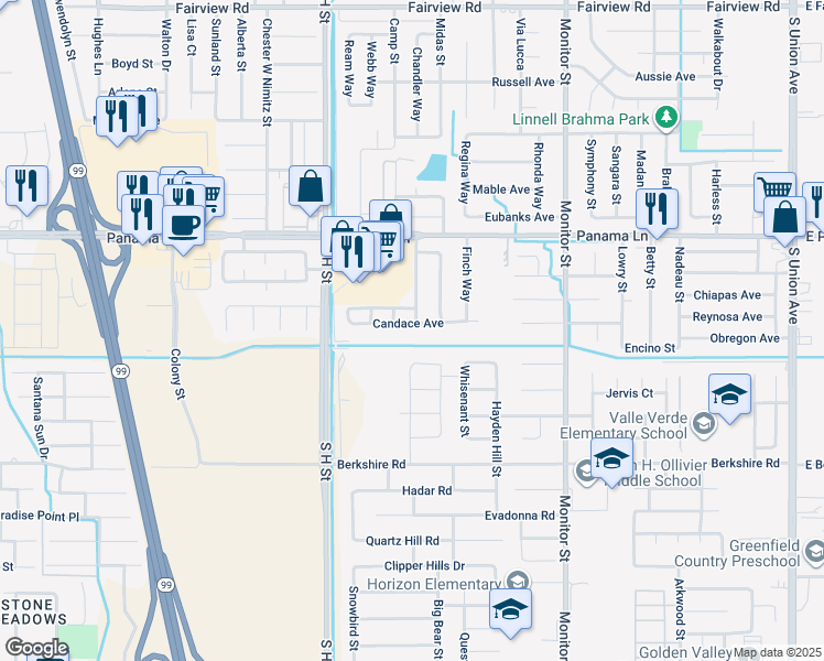map of restaurants, bars, coffee shops, grocery stores, and more near 1401 Candace Avenue in Bakersfield