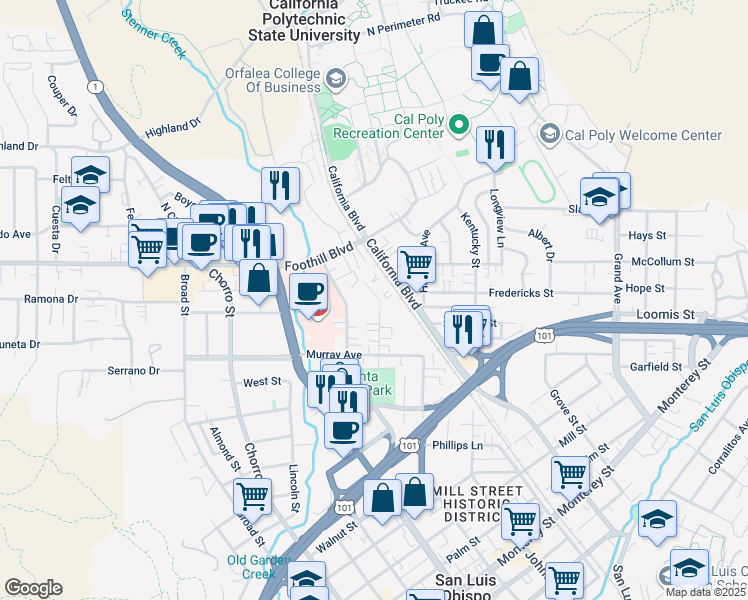 map of restaurants, bars, coffee shops, grocery stores, and more near 65 Stenner Street in San Luis Obispo