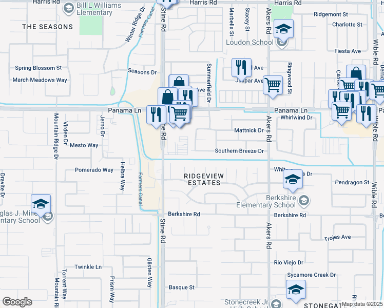 map of restaurants, bars, coffee shops, grocery stores, and more near 4605 Southern Breeze Drive in Bakersfield