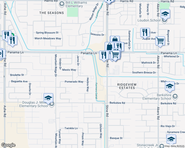 map of restaurants, bars, coffee shops, grocery stores, and more near 5004 Callado Lane in Bakersfield