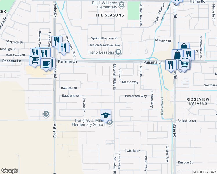 map of restaurants, bars, coffee shops, grocery stores, and more near 5712 Glen Rose Avenue in Bakersfield