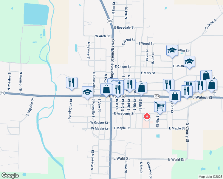 map of restaurants, bars, coffee shops, grocery stores, and more near 205 North Elm Street in Paris
