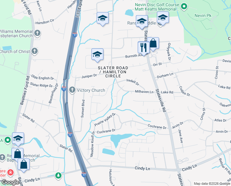 map of restaurants, bars, coffee shops, grocery stores, and more near 2737 Daffodil Drive in Charlotte