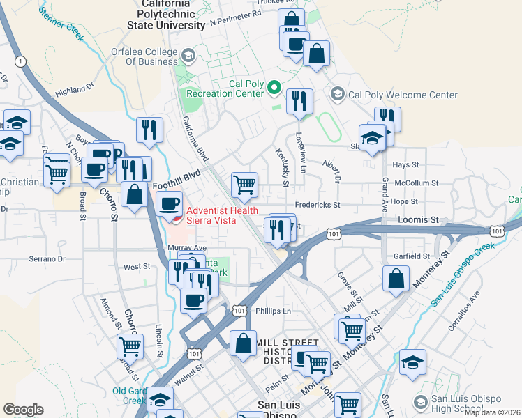map of restaurants, bars, coffee shops, grocery stores, and more near 1229 Fredericks Street in San Luis Obispo