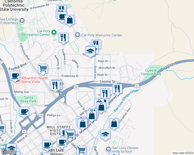 map of restaurants, bars, coffee shops, grocery stores, and more near in San Luis Obispo