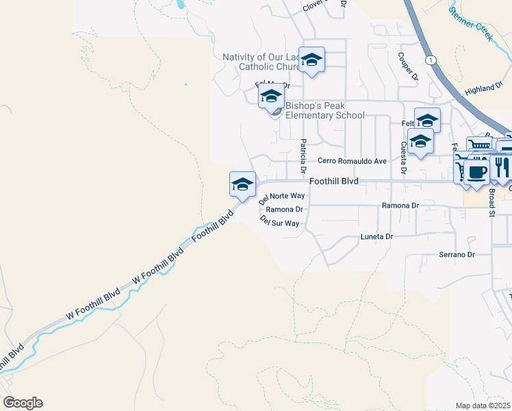map of restaurants, bars, coffee shops, grocery stores, and more near 81 Foothill Boulevard in San Luis Obispo