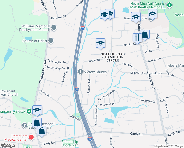map of restaurants, bars, coffee shops, grocery stores, and more near 2400 Sunset Boulevard in Charlotte