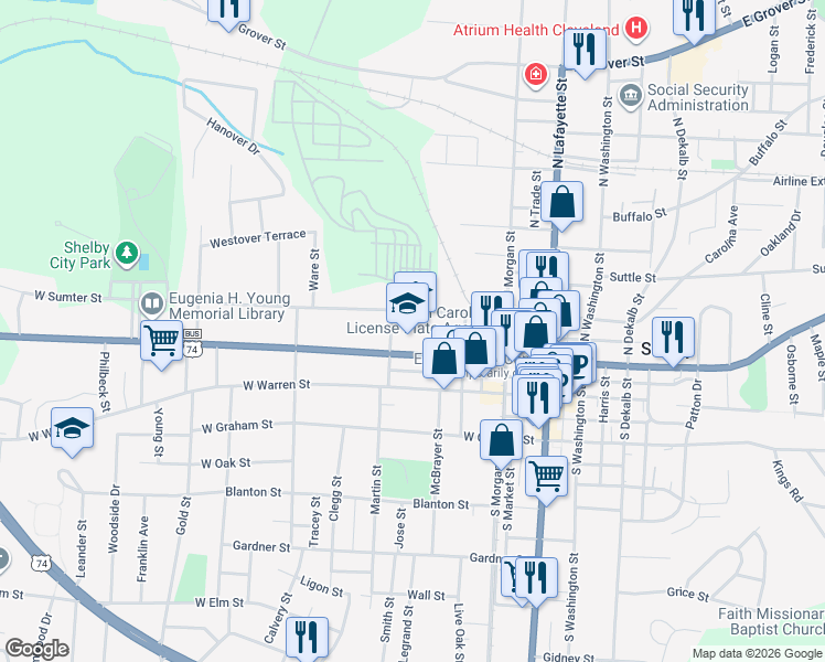 map of restaurants, bars, coffee shops, grocery stores, and more near 400 West Marion Street in Shelby