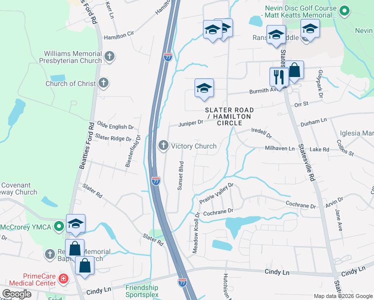 map of restaurants, bars, coffee shops, grocery stores, and more near 2400 Sunset Boulevard in Charlotte