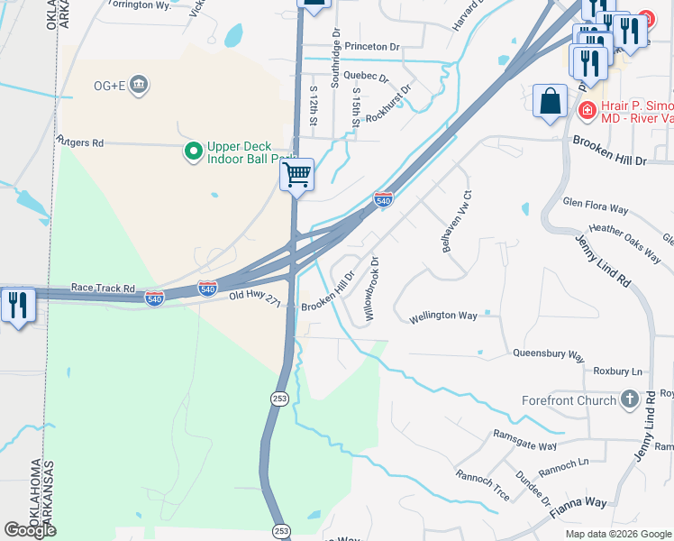 map of restaurants, bars, coffee shops, grocery stores, and more near 1320 Willowbrook Circle in Fort Smith