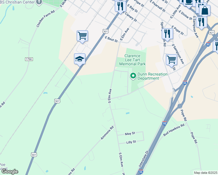 map of restaurants, bars, coffee shops, grocery stores, and more near 1506 South Elm Avenue in Dunn
