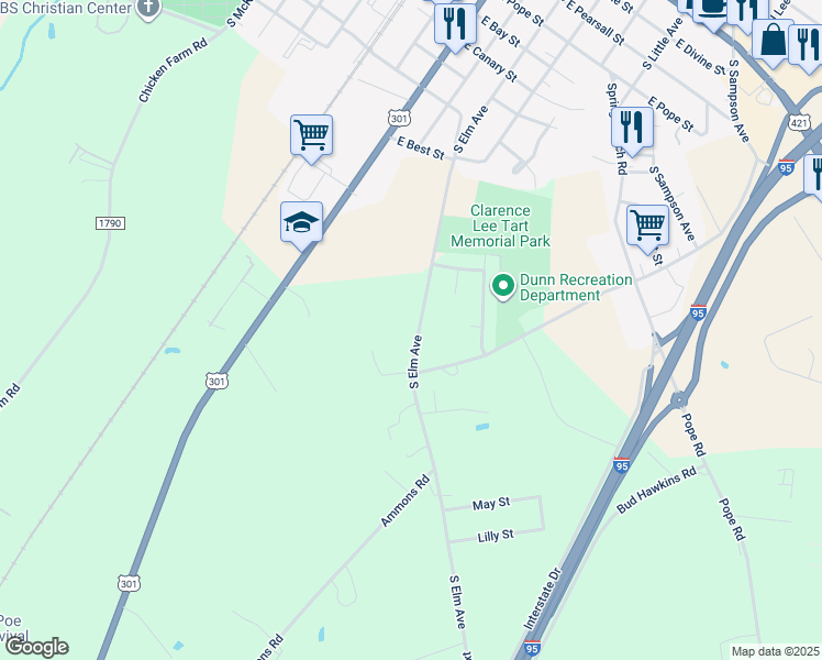map of restaurants, bars, coffee shops, grocery stores, and more near 1506 South Elm Avenue in Dunn