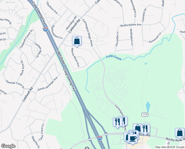 map of restaurants, bars, coffee shops, grocery stores, and more near 5224 Hawkins Meadow Court in Charlotte