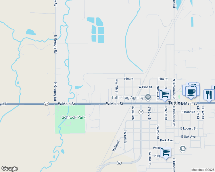 map of restaurants, bars, coffee shops, grocery stores, and more near 711 West Elm in Tuttle