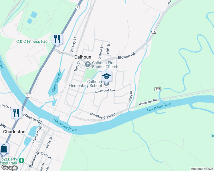 map of restaurants, bars, coffee shops, grocery stores, and more near 150 Sherwood Avenue in Calhoun