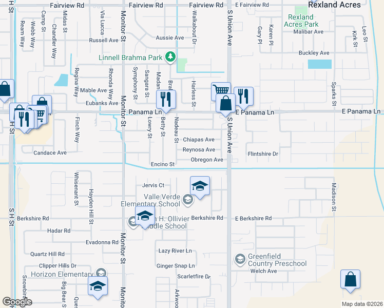map of restaurants, bars, coffee shops, grocery stores, and more near 304 Reynosa Avenue in Bakersfield