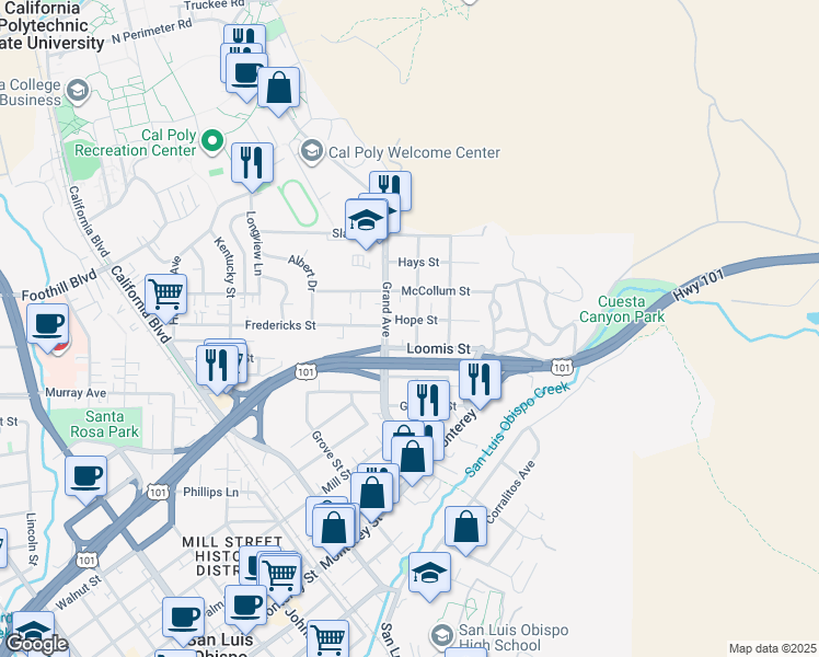 map of restaurants, bars, coffee shops, grocery stores, and more near in San Luis Obispo