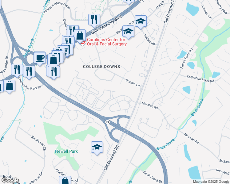 map of restaurants, bars, coffee shops, grocery stores, and more near 9144 Joyce Kilmer Drive in Charlotte
