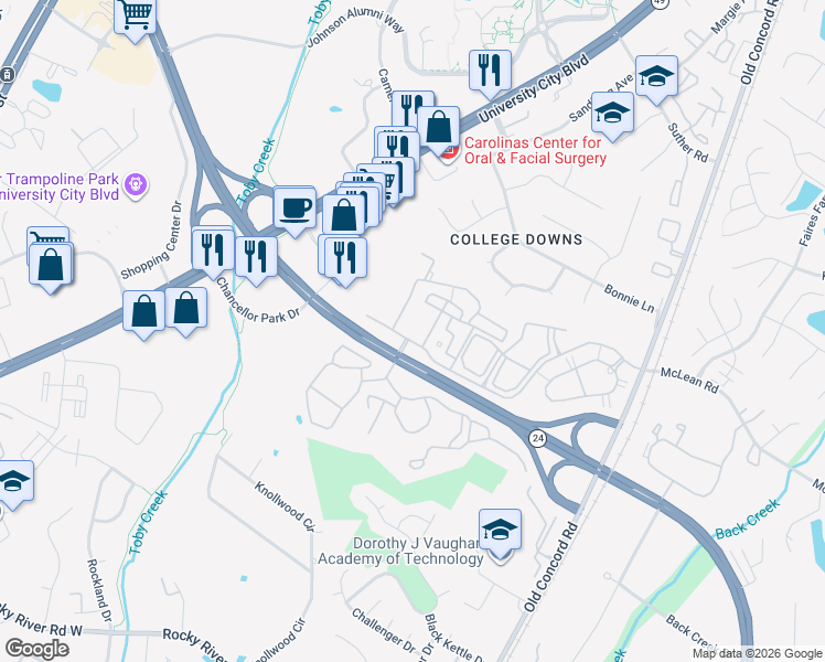 map of restaurants, bars, coffee shops, grocery stores, and more near 9016 Meadow Vista Road in Charlotte