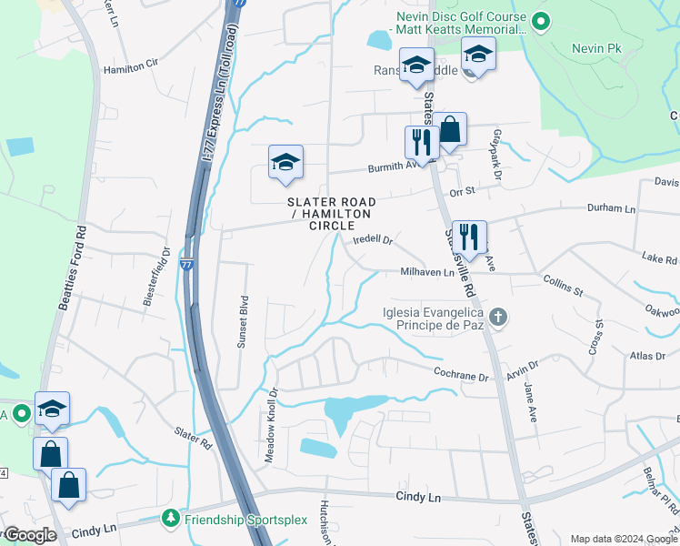 map of restaurants, bars, coffee shops, grocery stores, and more near 2719 Daffodil Drive in Charlotte