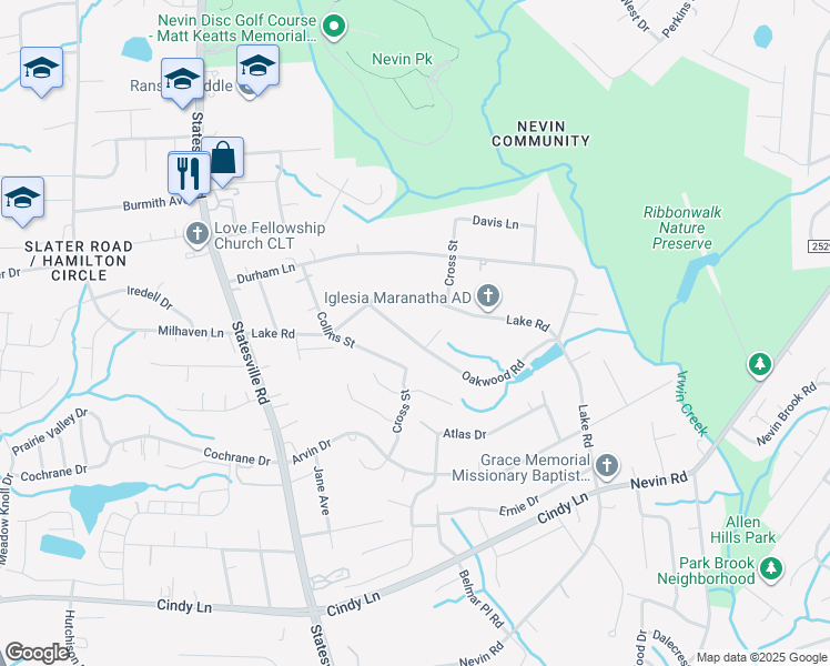 map of restaurants, bars, coffee shops, grocery stores, and more near 3631 Oakwood Road in Charlotte