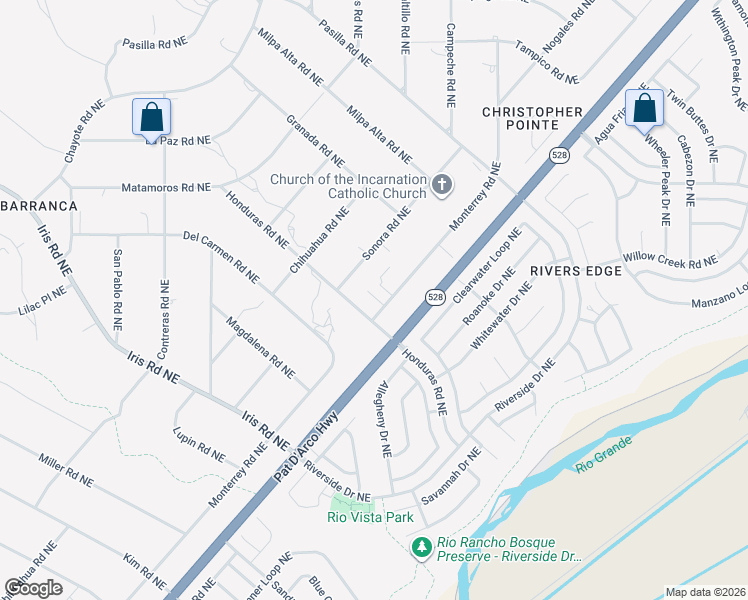 map of restaurants, bars, coffee shops, grocery stores, and more near 2179 Monterrey Road Northeast in Rio Rancho