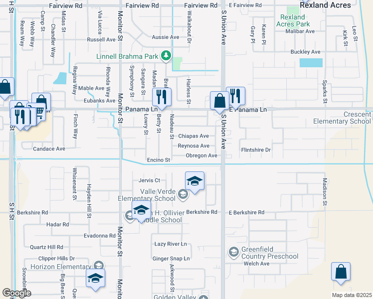 map of restaurants, bars, coffee shops, grocery stores, and more near 304 Reynosa Avenue in Bakersfield