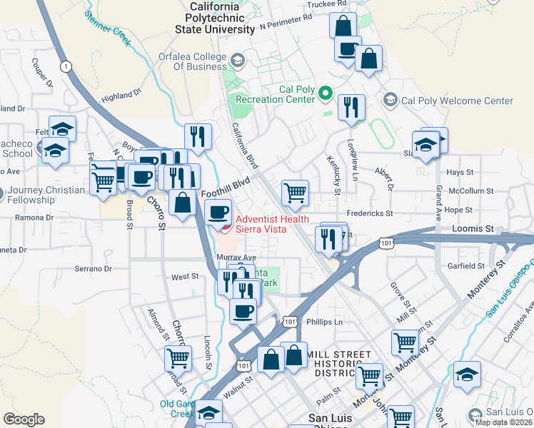 map of restaurants, bars, coffee shops, grocery stores, and more near 55 Stenner Street in San Luis Obispo