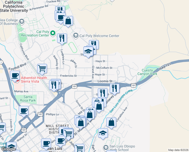 map of restaurants, bars, coffee shops, grocery stores, and more near 1840 Hope Street in San Luis Obispo